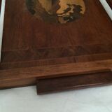 Old wooden serving tray with marquetry drawing