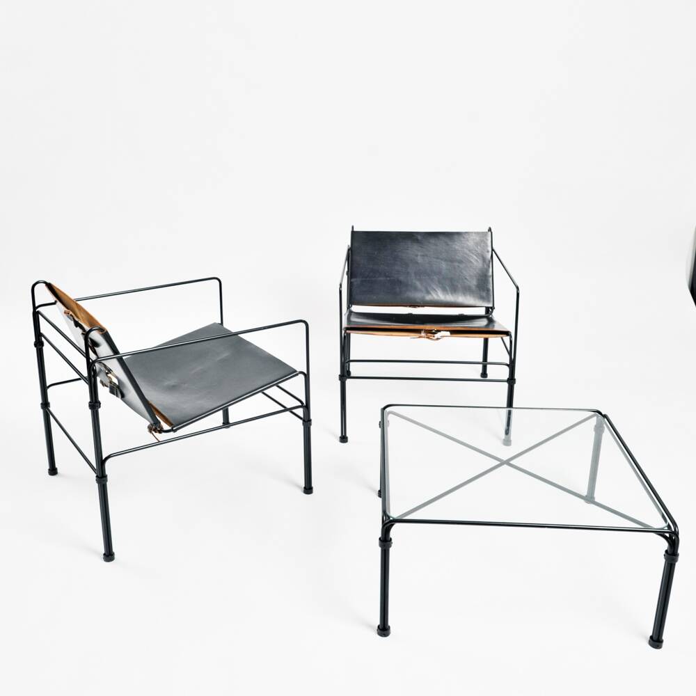 Black modernist design lounge set by Jan van Opzeeland in leather and steel bar, Netherlands, 1980s