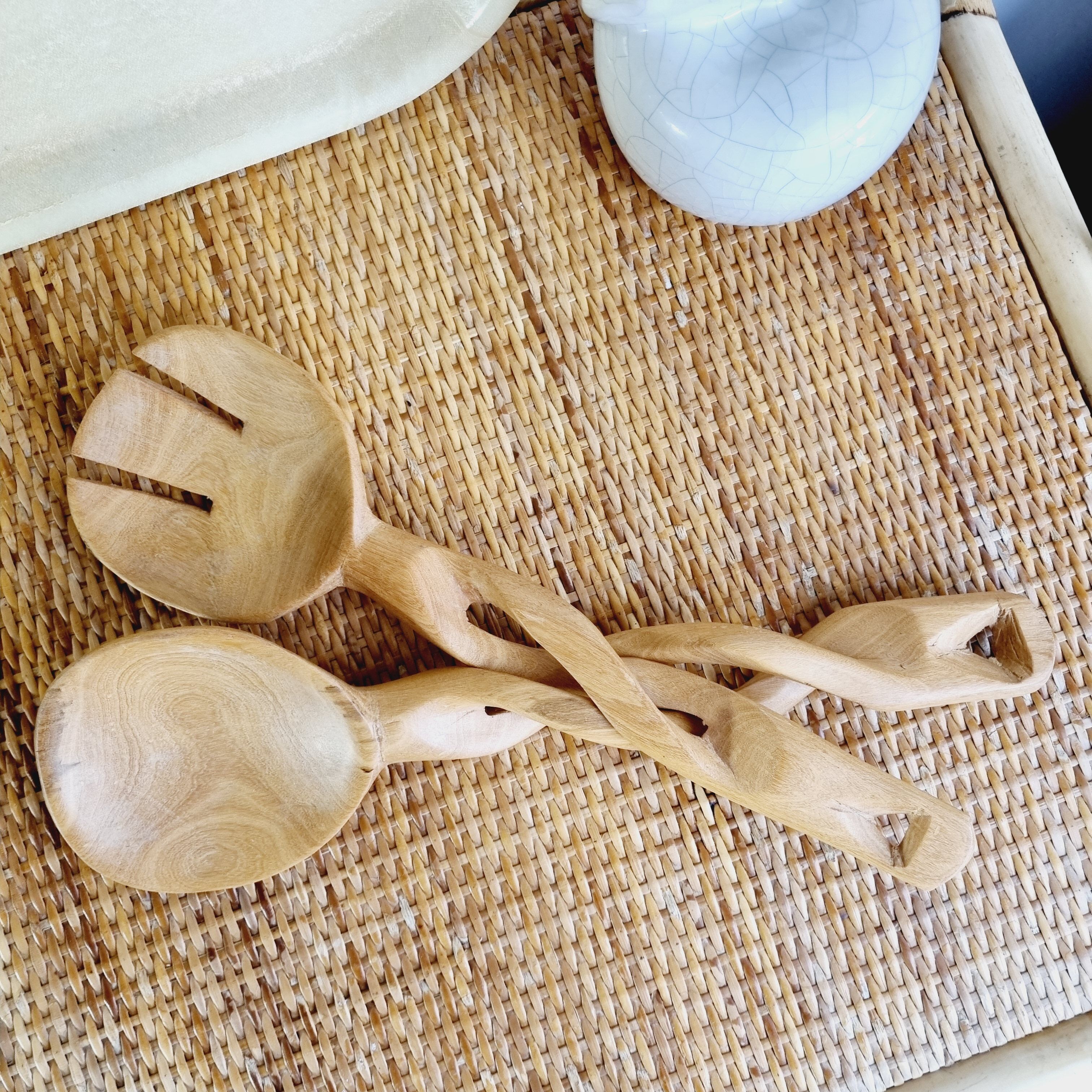 Set of hand-carved olive wood salad cutlery