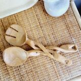 Set of hand-carved olive wood salad cutlery