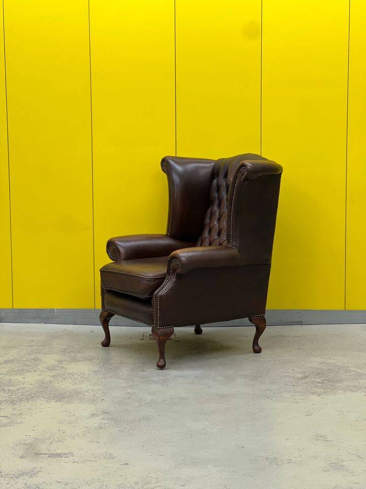 Vintage Brown leather chesterfield wingback armchair