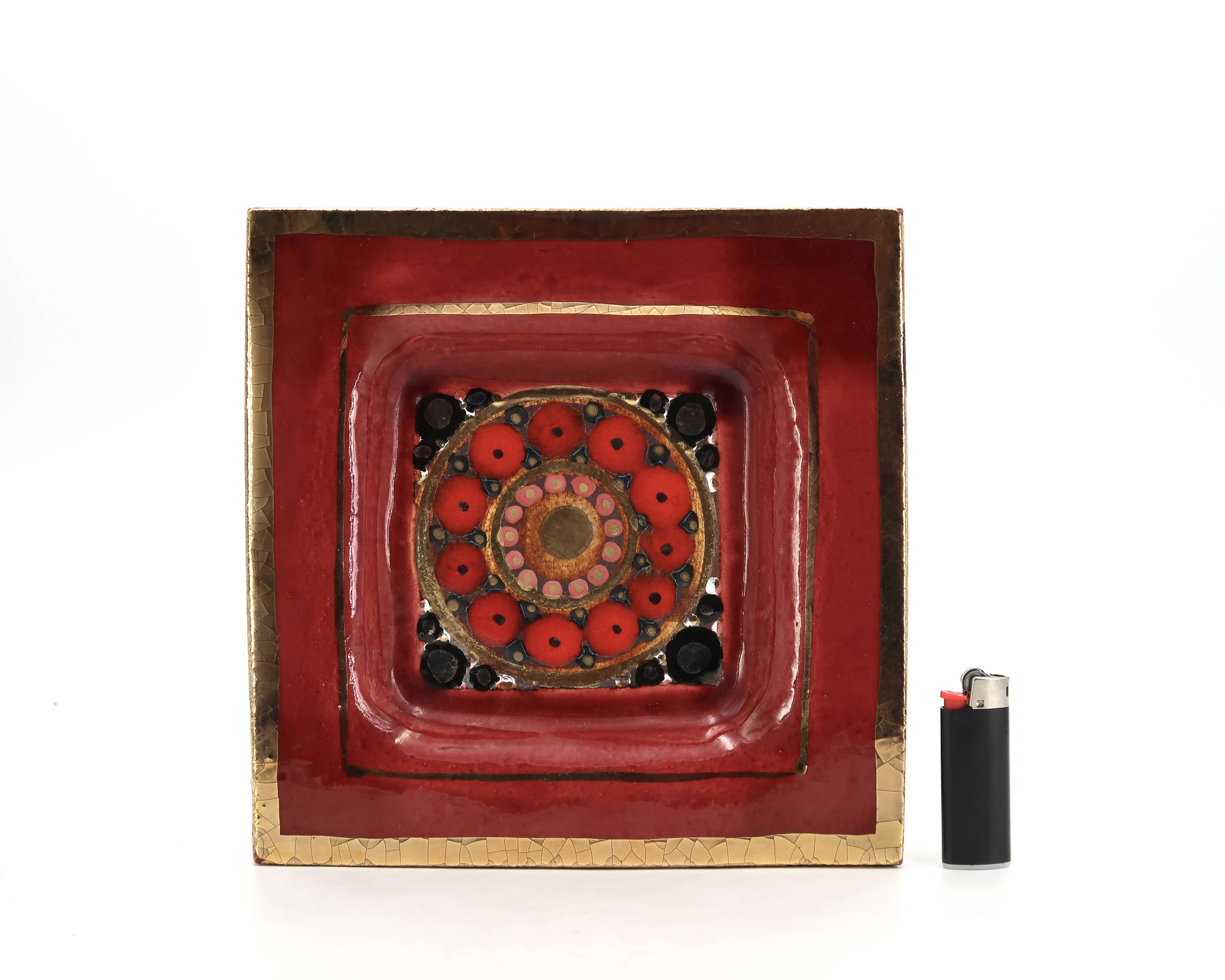 Georges Pelletier red and gold square ceramic pocket emptier, 1970s