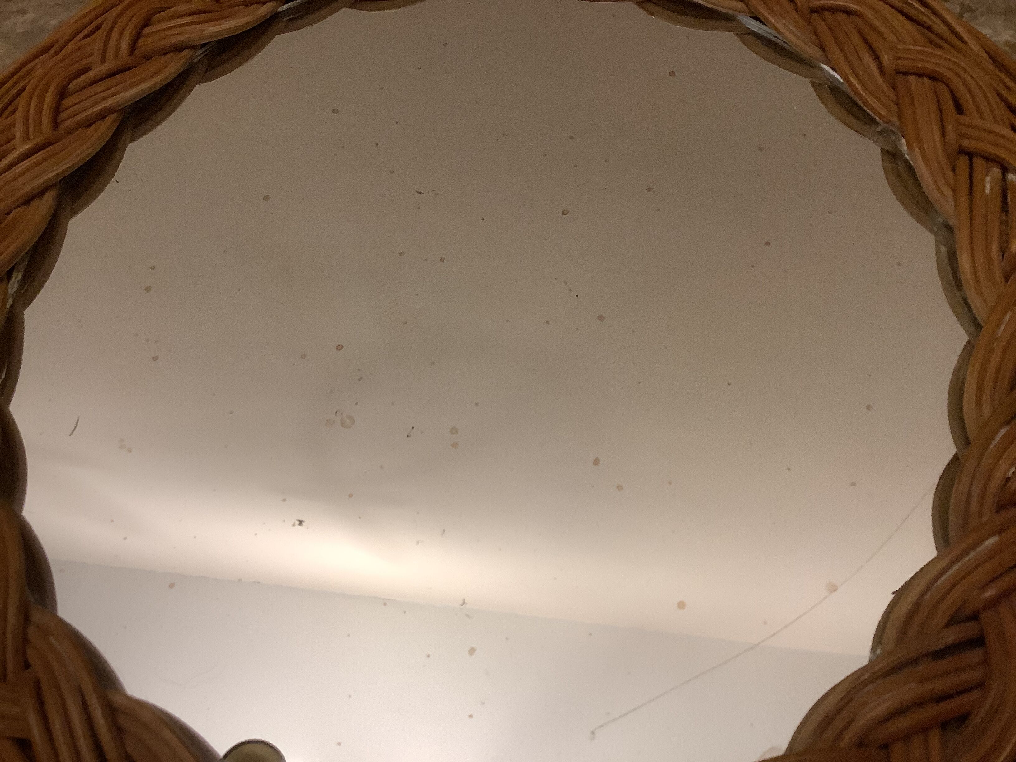 Old round mirror wicker rattan varnished