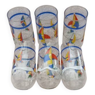 set of 6 large orangeade glasses juice glasses boats seaside