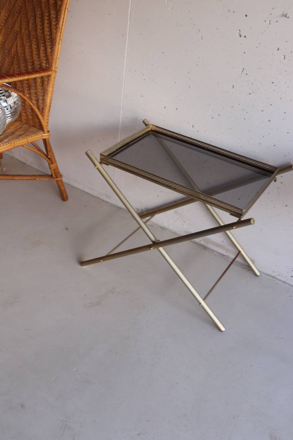 Serving tray, vintage serving tray in smoked glass and gold metal