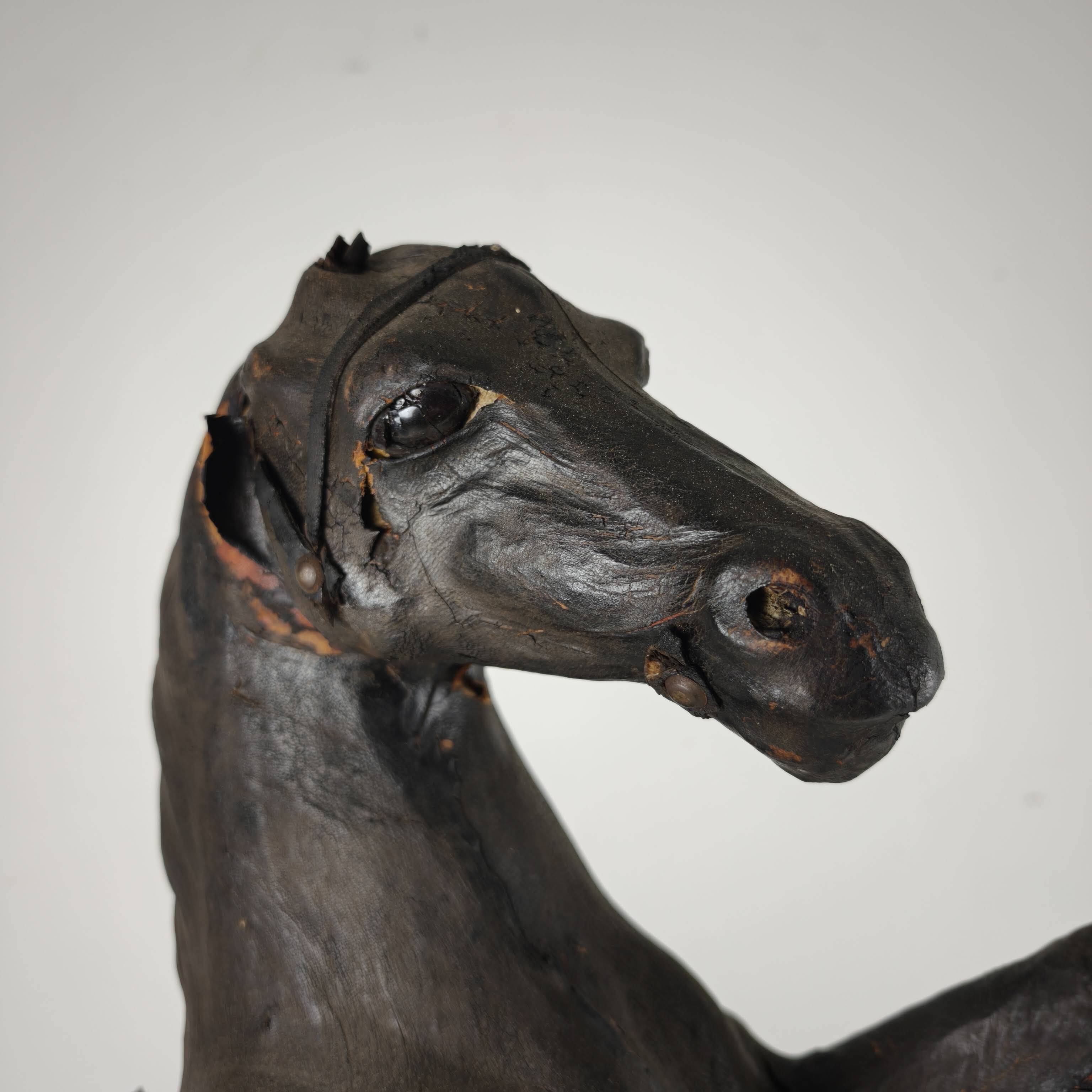 Early 20th Century Antique Leather Horse Sculpture with Glass Eyes