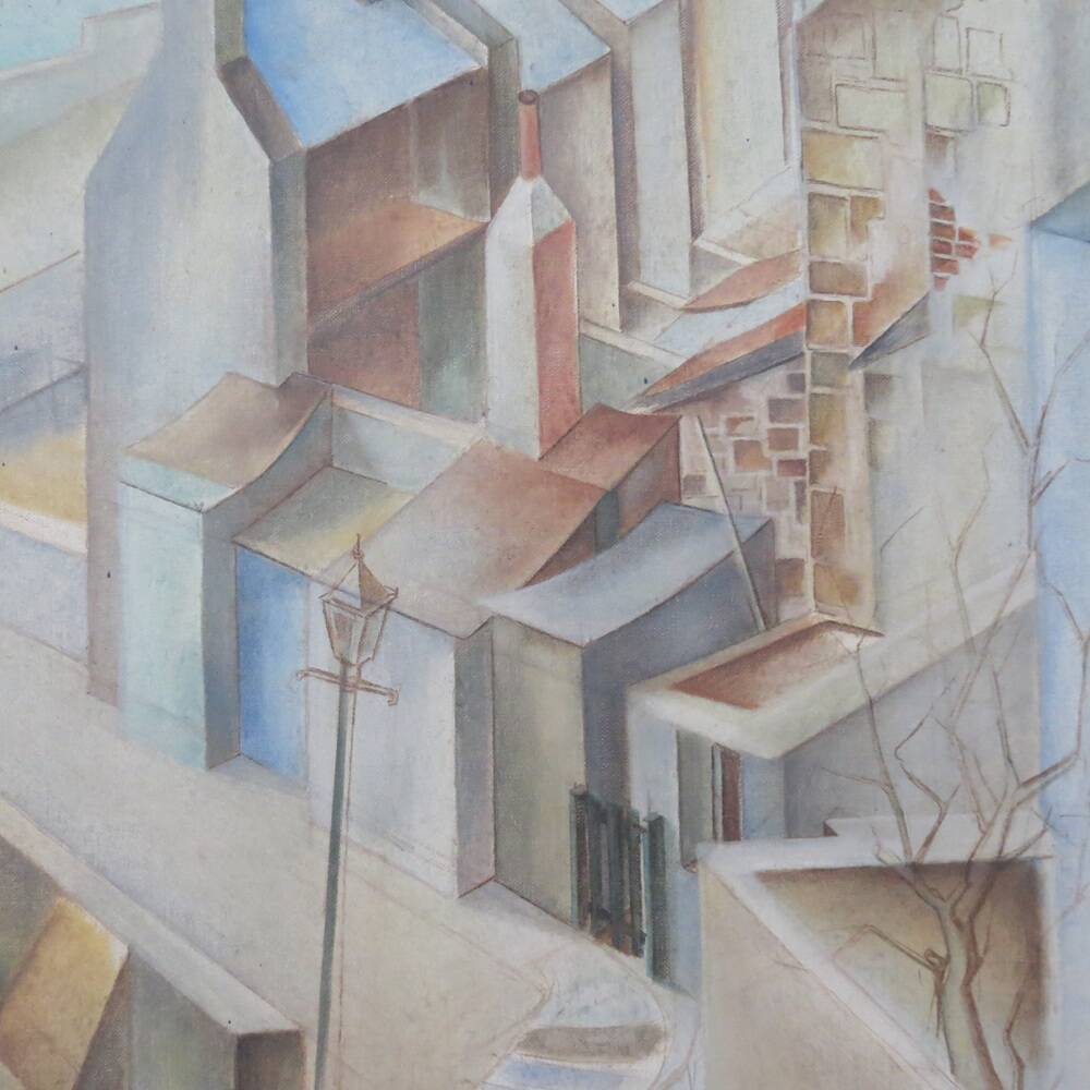 1950s Cubist Painting St Ives E Kahnii Oil on Canvas Sunday Morning