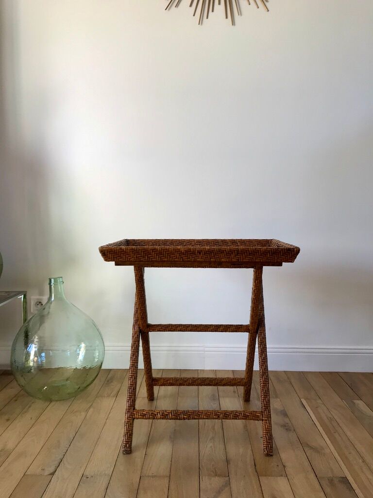 Rattan console exotic wood vintage removable tray 70s