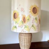 Large sunflower lamp signed silk and rattan 1970