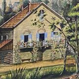 Gouache painting early 20th century Landscape at the mill and boat trip on the Marne