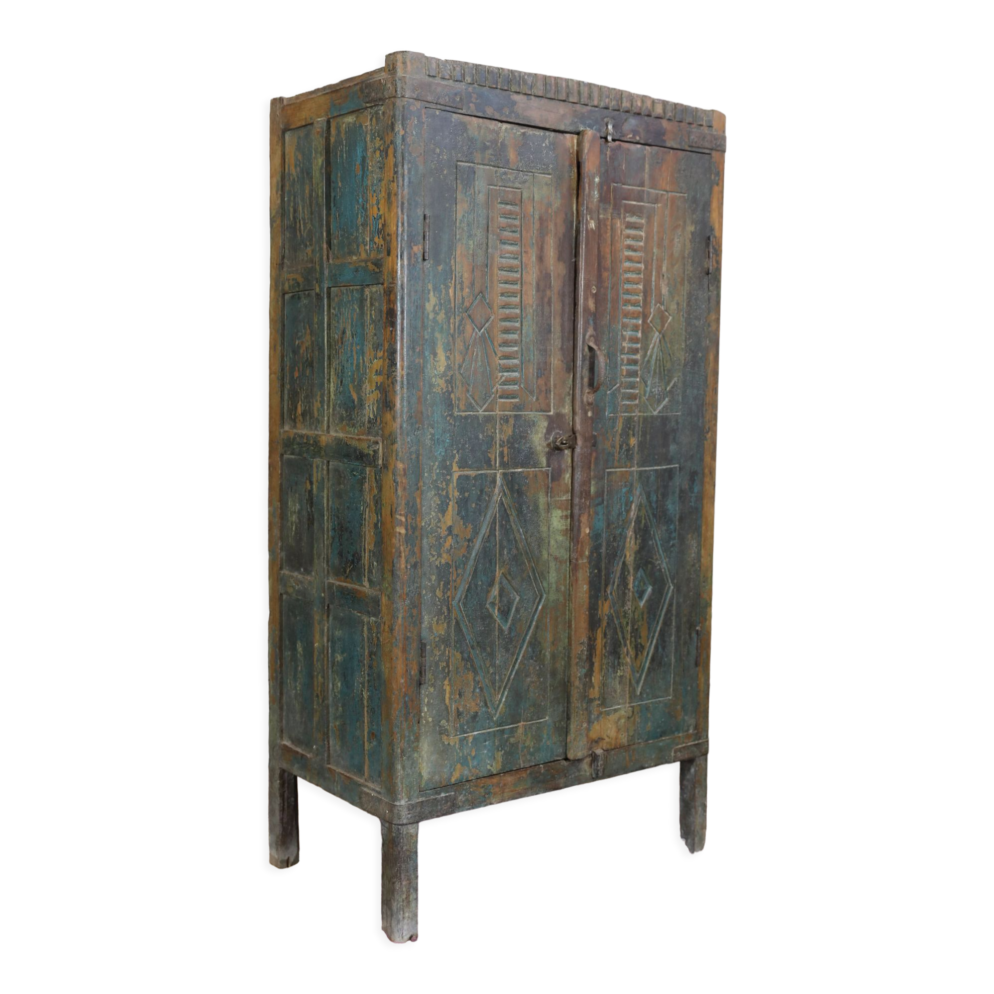 Indian furniture Blue patinated carved wardrobe with 2 doors and 1 shelf, unique piece