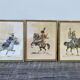 3 old engravings of horses / triptych riders golden frame