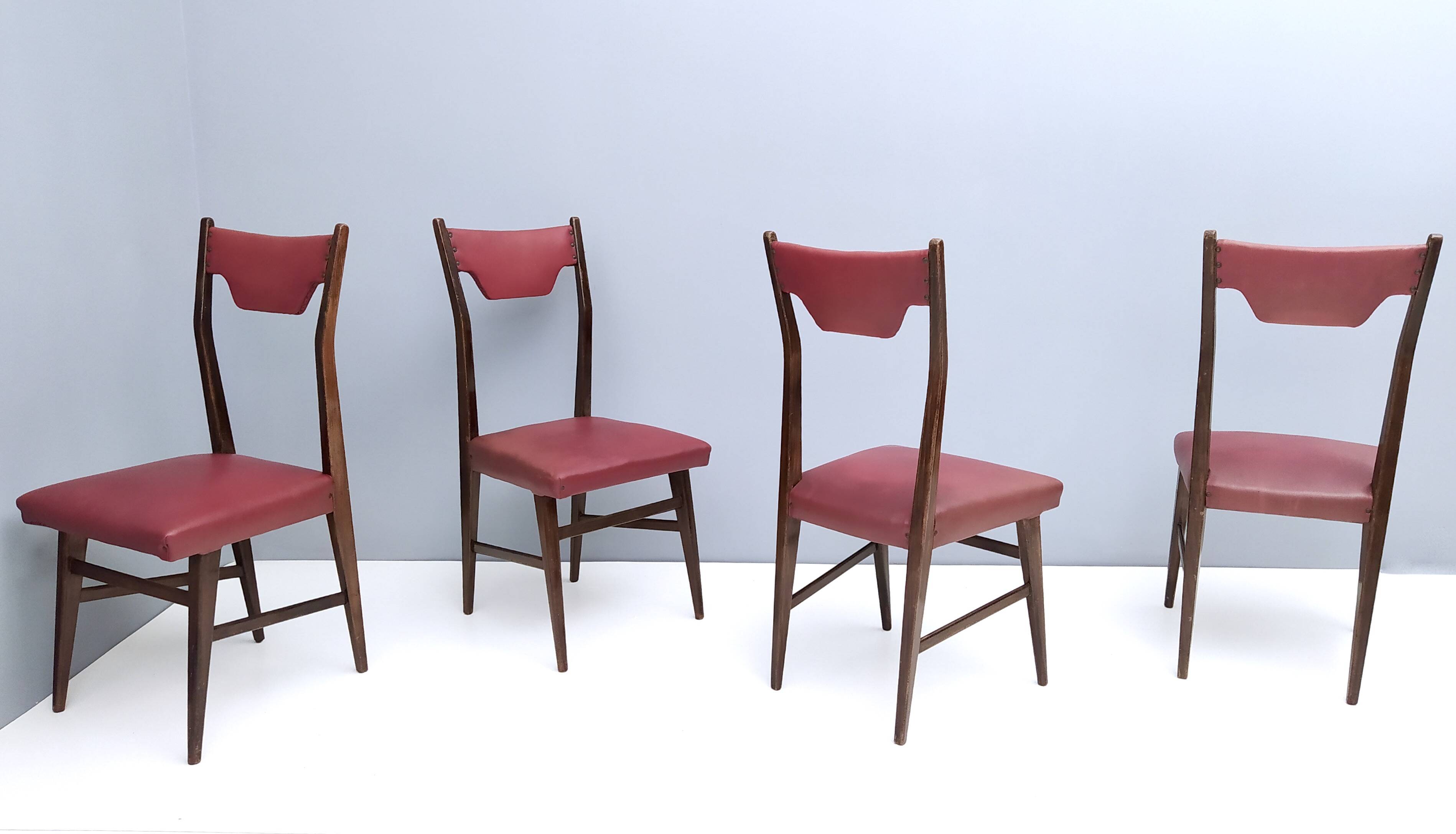 Set of Four Vintage Ebonized Beech and Crimson Skai Dining Chairs, Italy