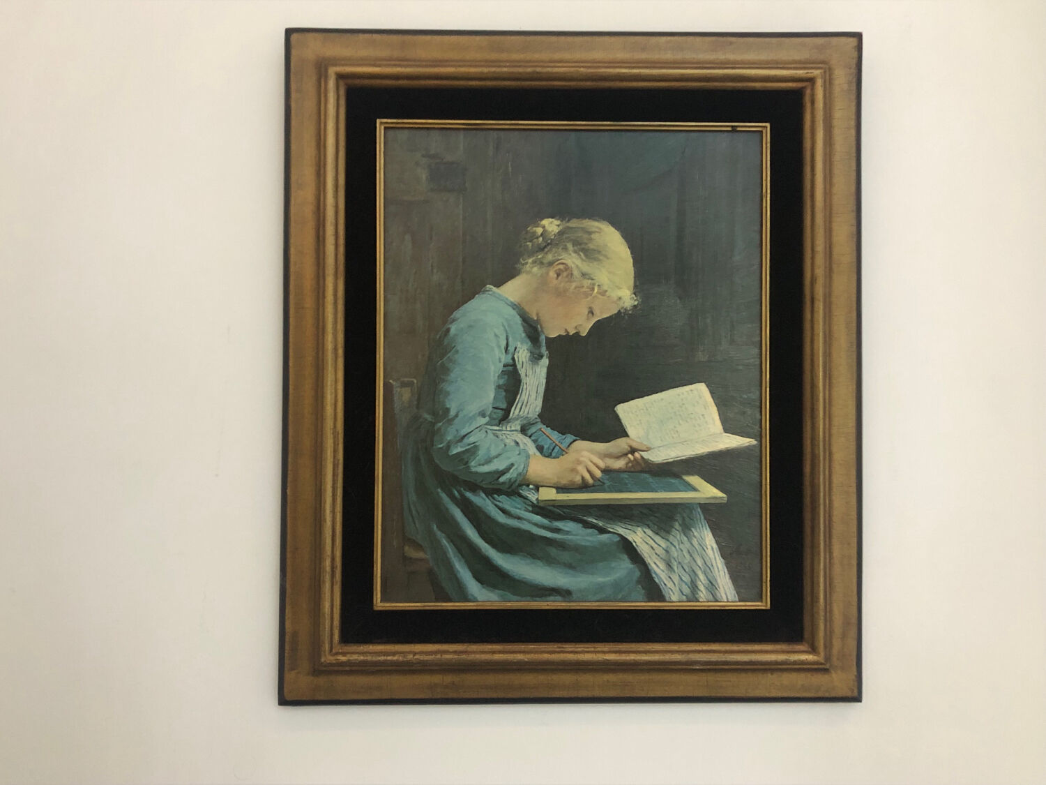 Portrait young girl reading repro worthy of Albert Anker