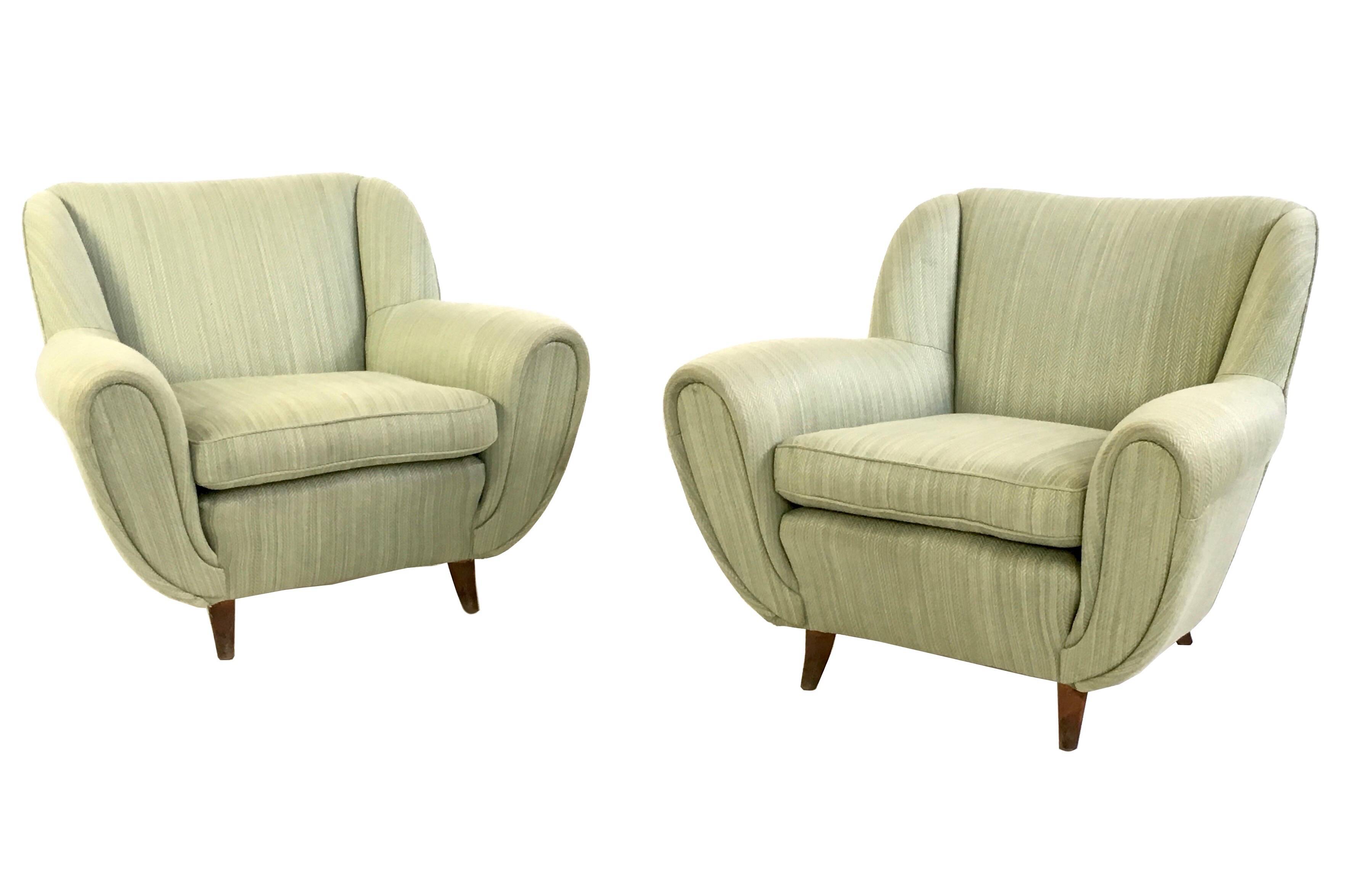 Pair of Light Green Armchairs with Wooden Structure, Italy