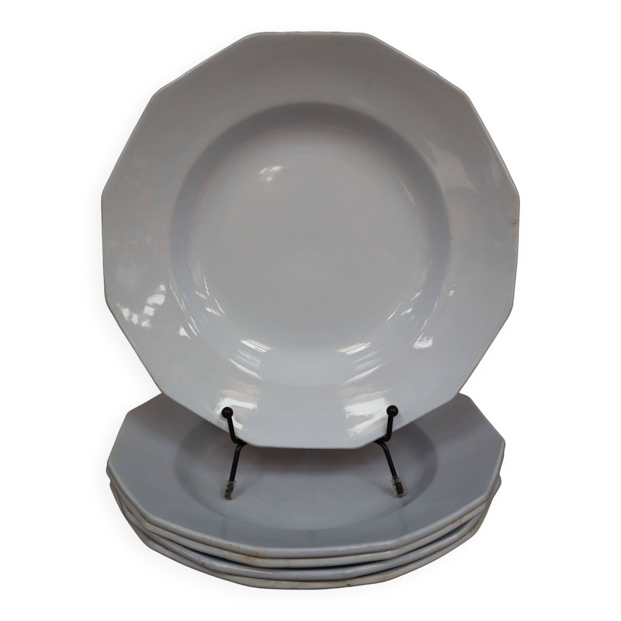 5 octagonal deep earthenware plates Moulin des loups pale blue color