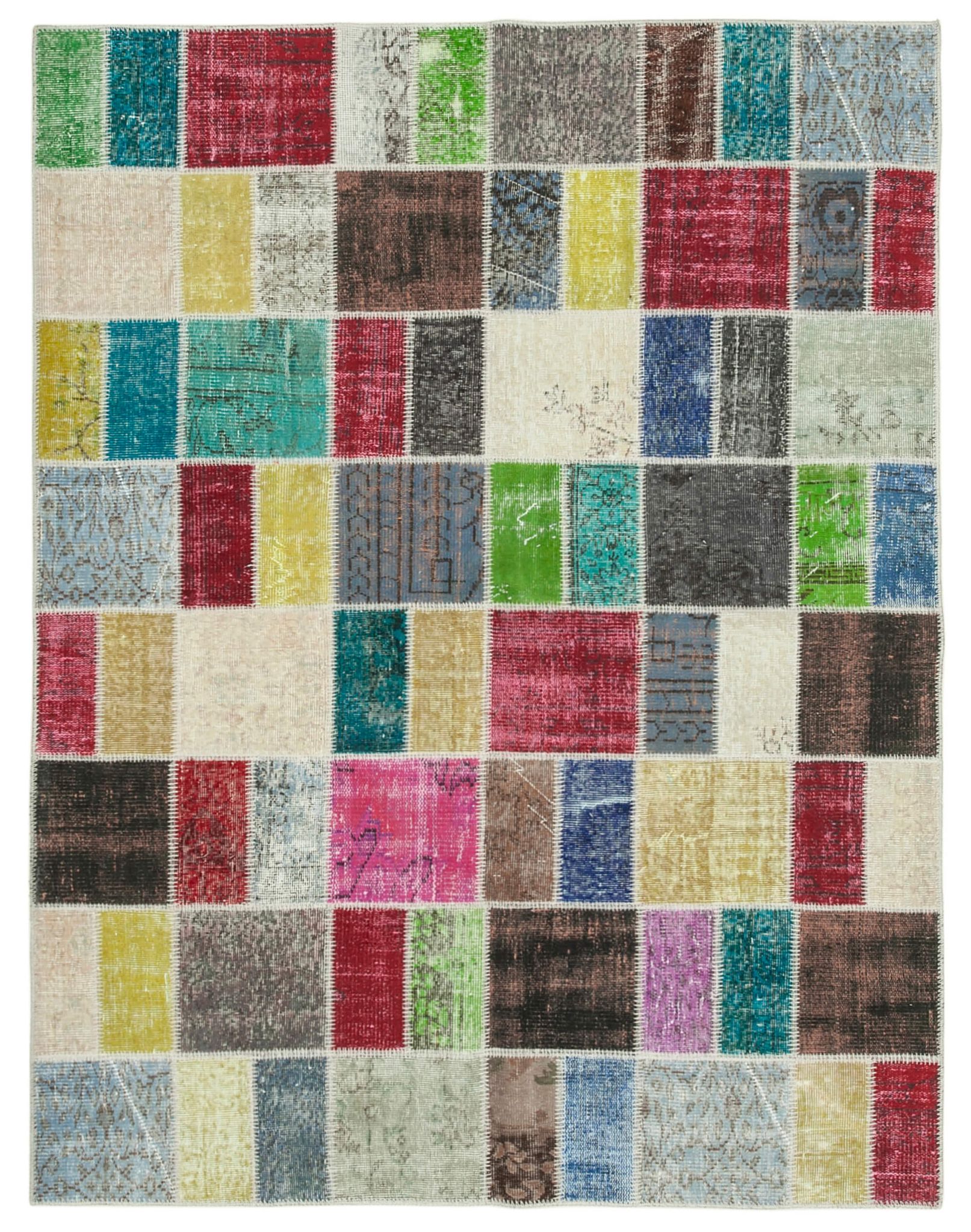 Handwoven oriental overdyed 177 cm x 229 cm multicolor patchwork carpet