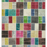 Handwoven oriental overdyed 177 cm x 229 cm multicolor patchwork carpet