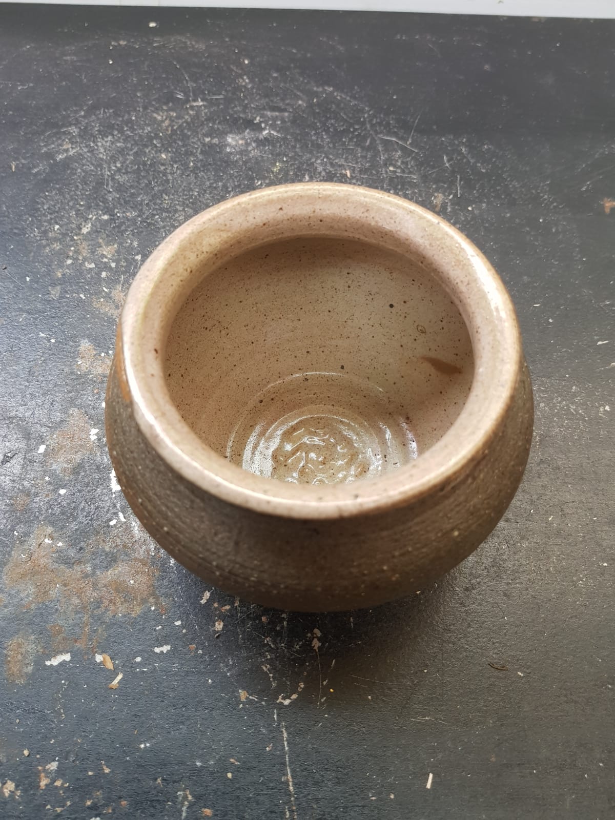 Old Vase SOULAINES DHUYS.  Signed ROYER.  Vase in Enamelled Sandstone.  Color Brown Beige Diameter at