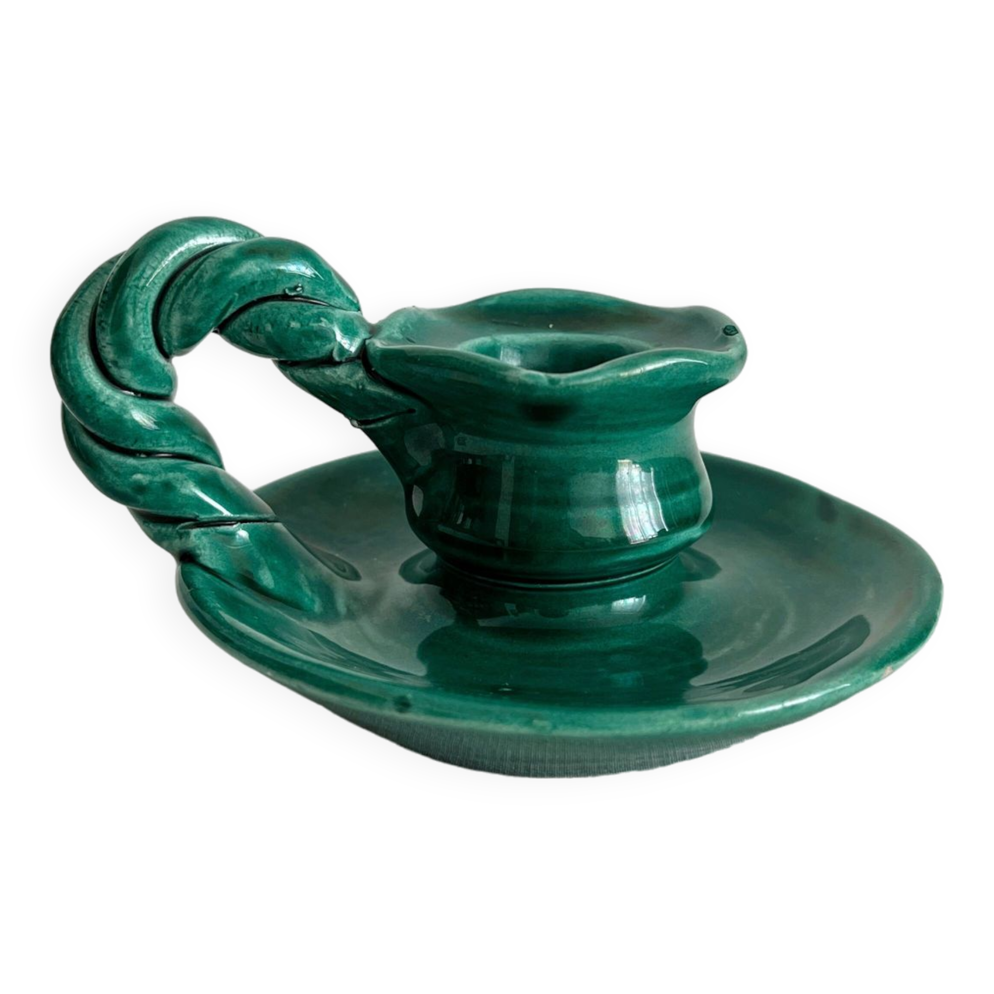 Vintage green ceramic candle holder with twisted handle