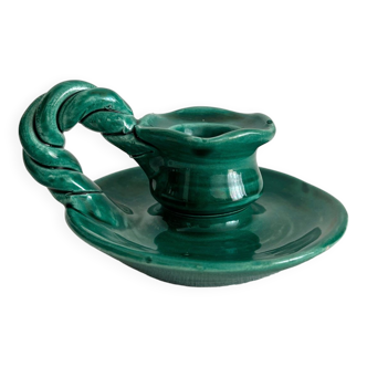 Vintage candle holder in green ceramic and twisted handle