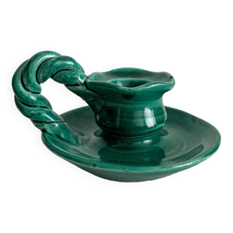 Vintage green ceramic candle holder with twisted handle