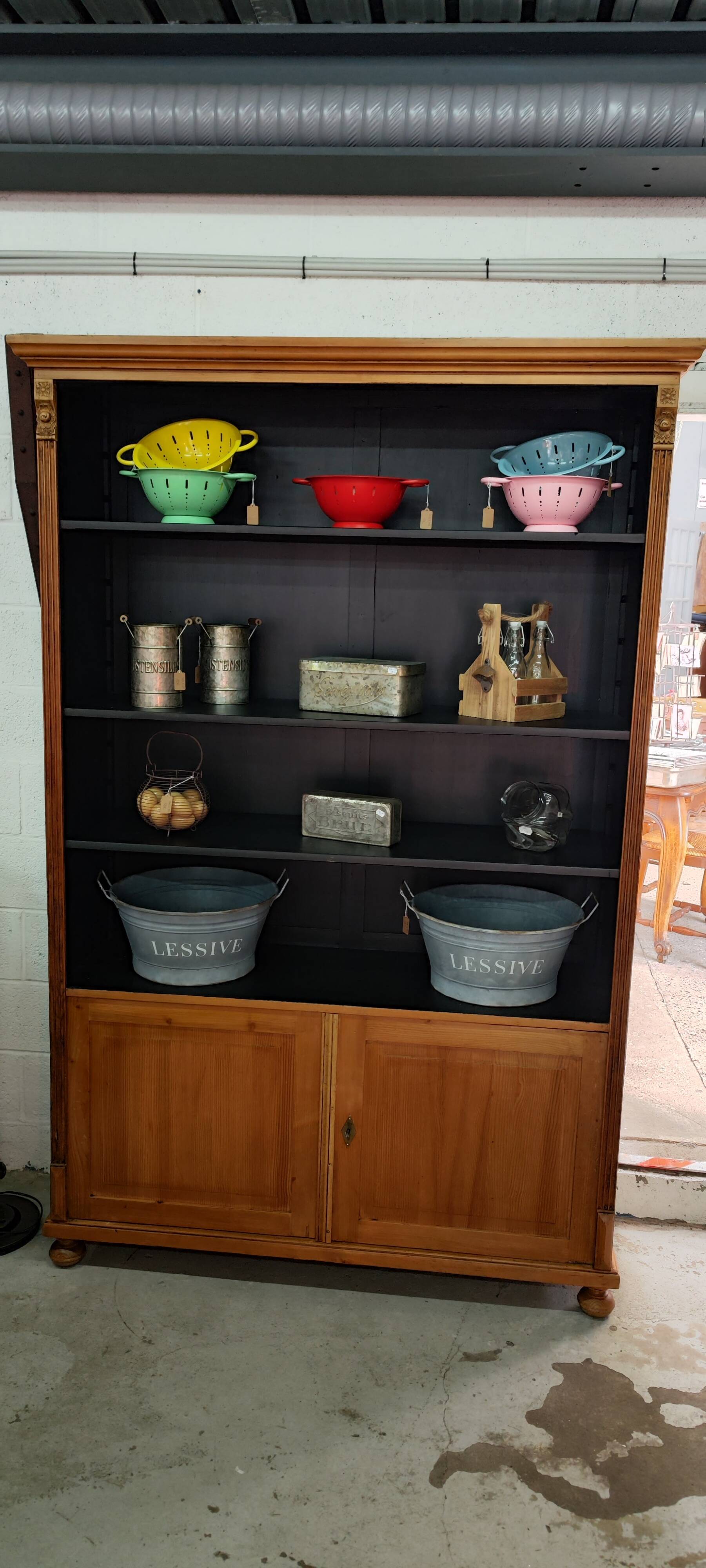 Large waxed pine bookcase with two doors