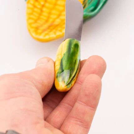 Vintage butter dish with corn cob design and its knife - Vallauris
