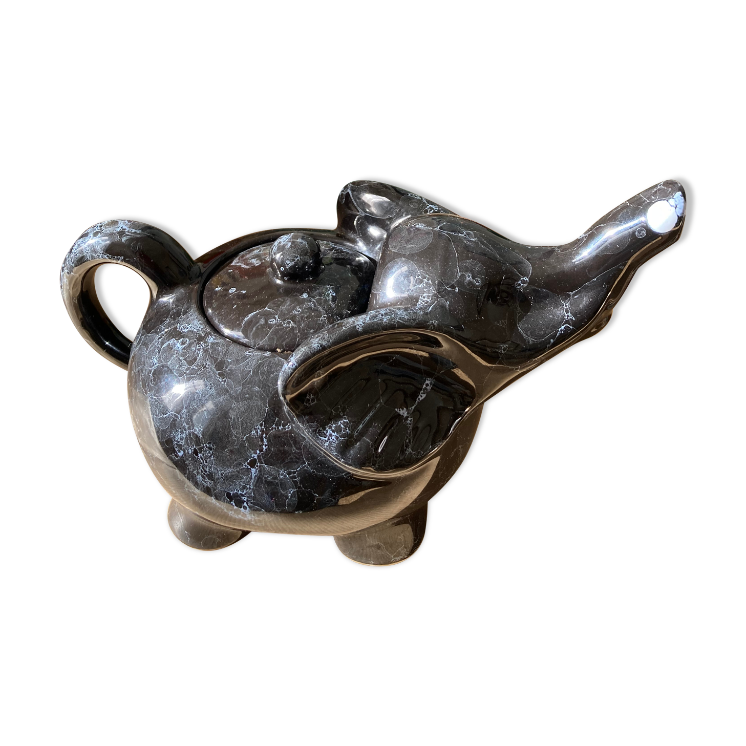 Elephant teapot in black marbled ceramic vintage white