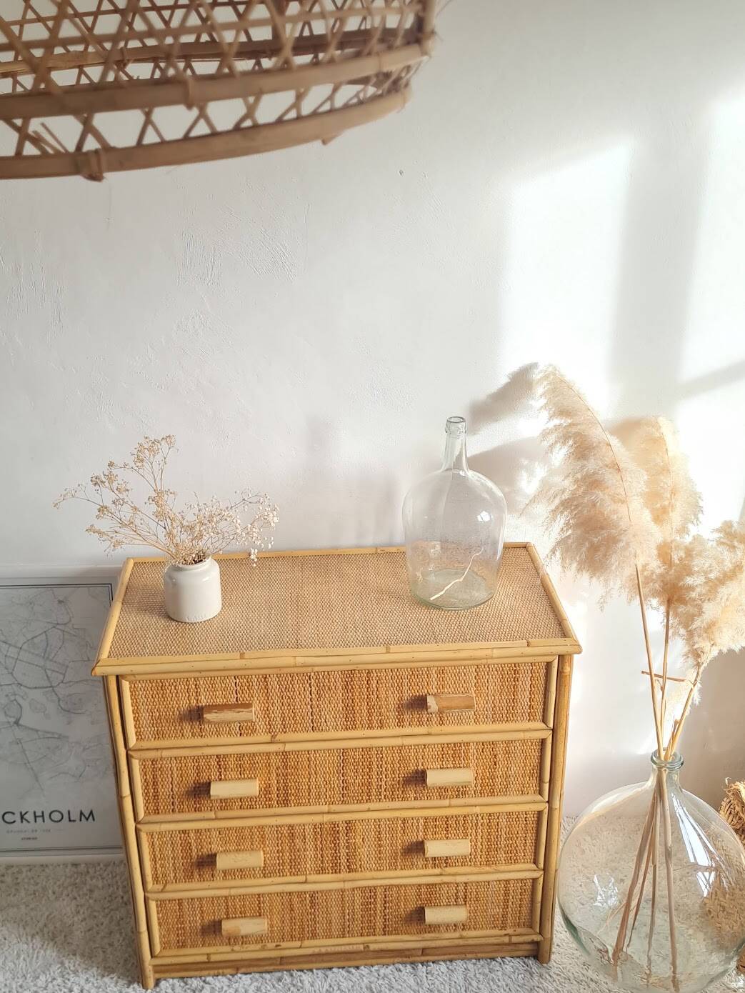 Vintage rattan chest of drawers from the 1970s.