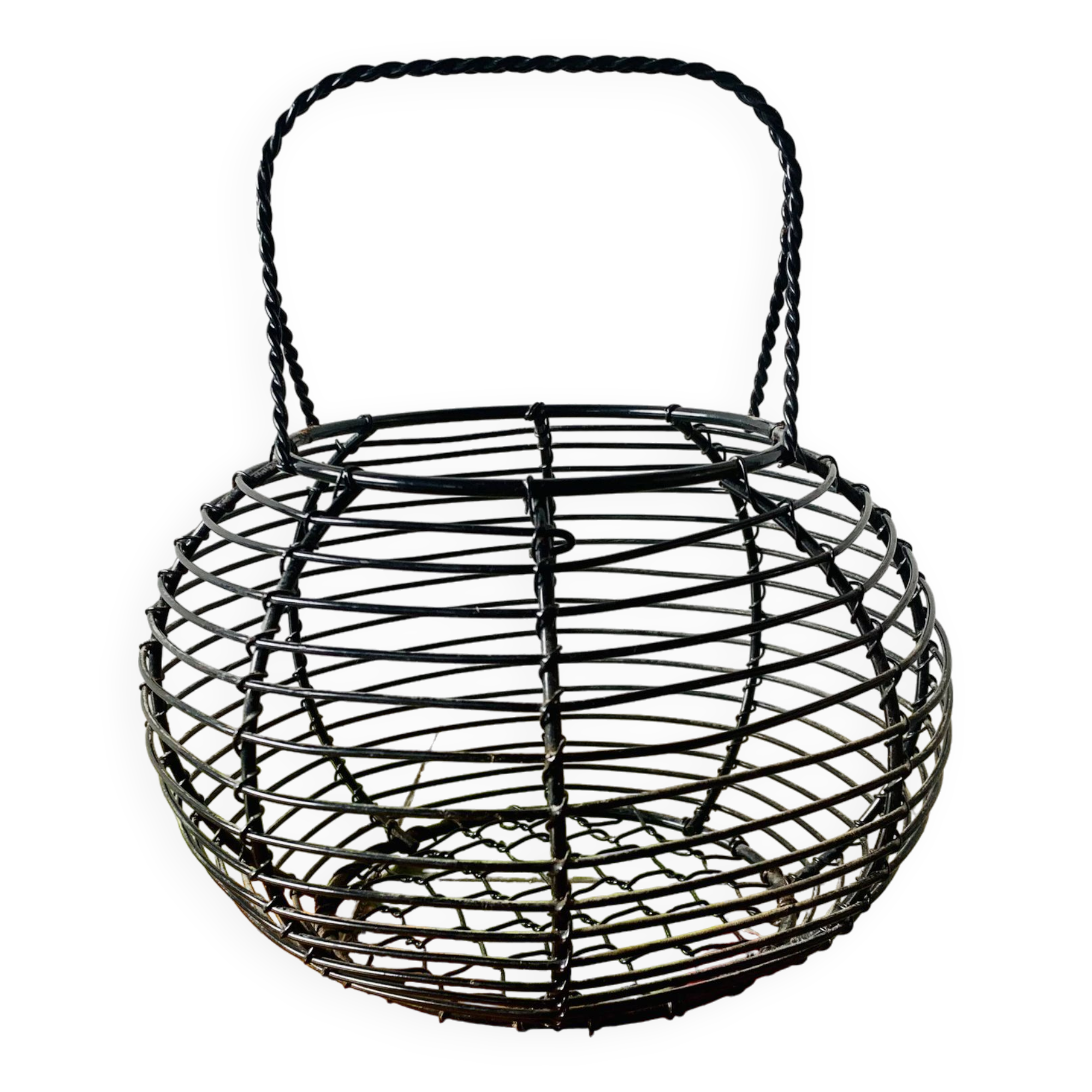 Vintage black metal egg basket