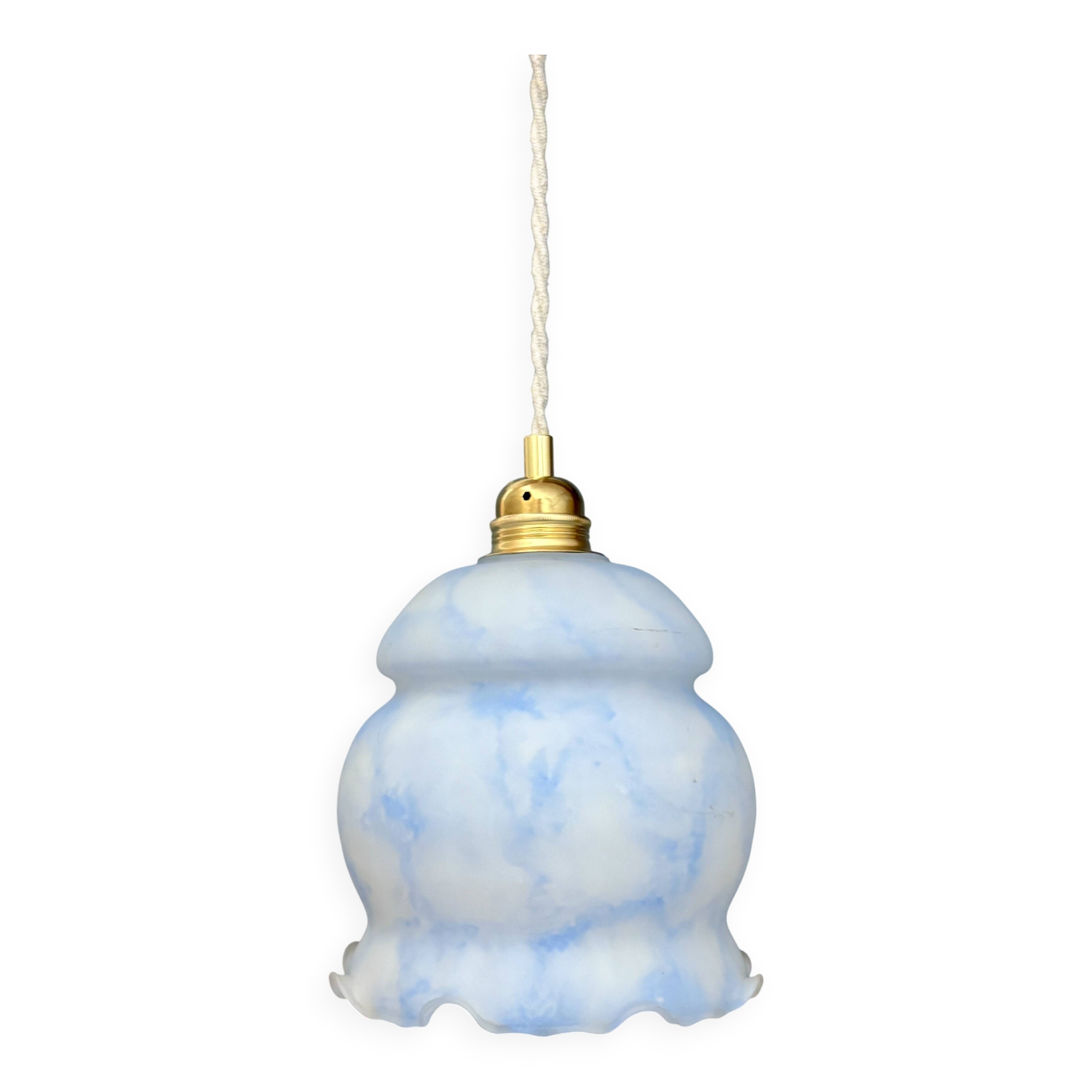 Vintage globe pendant light in white and blue opaline