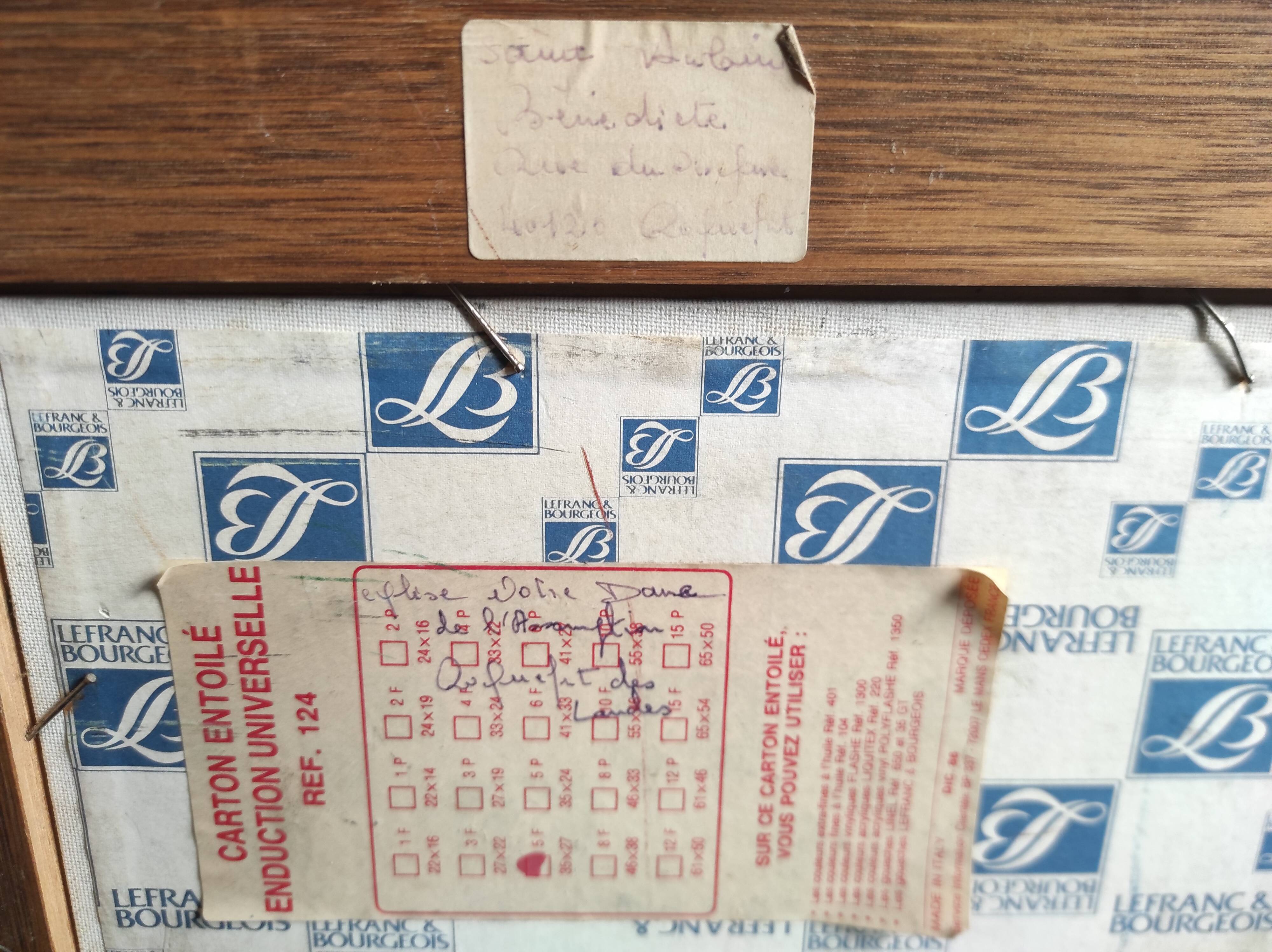 Vintage French oil painting, signed B, Roquefort de Landes church