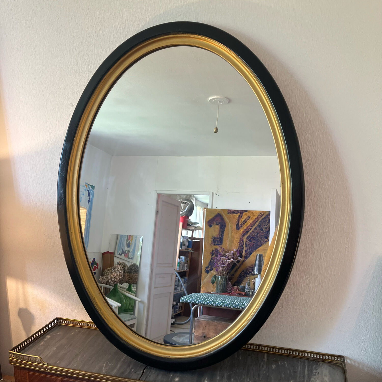 Vintage oval mirror wood black and gold