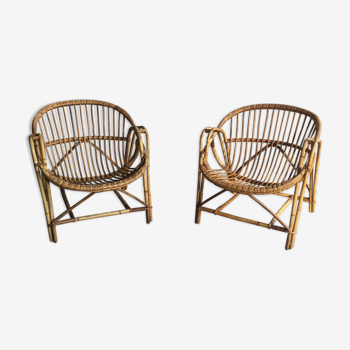 Paire de fauteuils vintage corbeille ou coquille en rotin - 1960