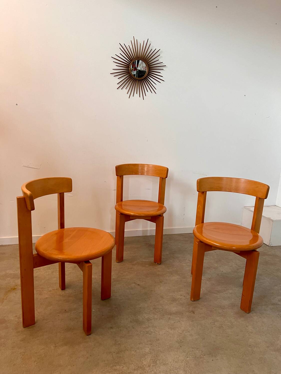 Set of 3 solid beech wood chairs, vintage 70s design