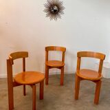 Set of 3 solid beech wood chairs, vintage 70s design
