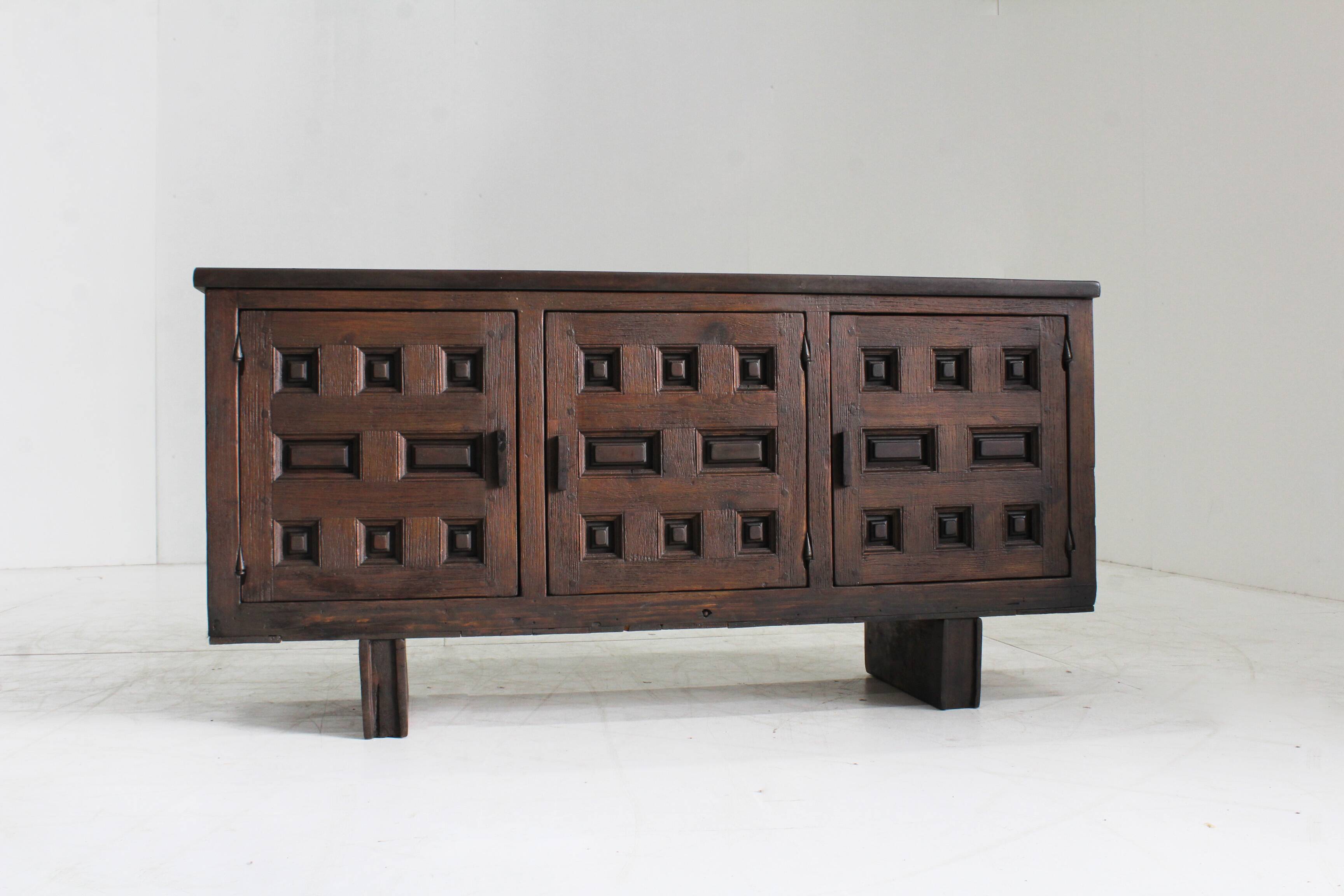 Vintage Brutalist Spanish carved sideboard credenza