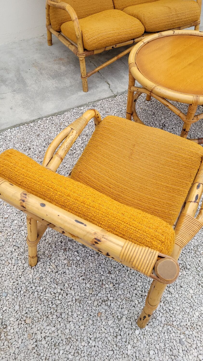 Salon canapé, 2 fauteuils et table basse en rotin vintage fabrication 1950