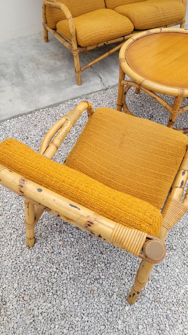 Salon canapé, 2 fauteuils et table basse en rotin vintage fabrication 1950
