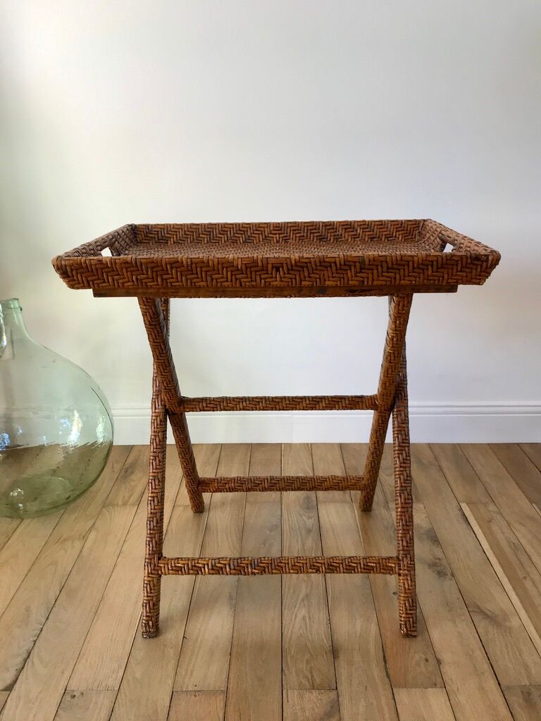 Rattan console exotic wood vintage removable tray 70s