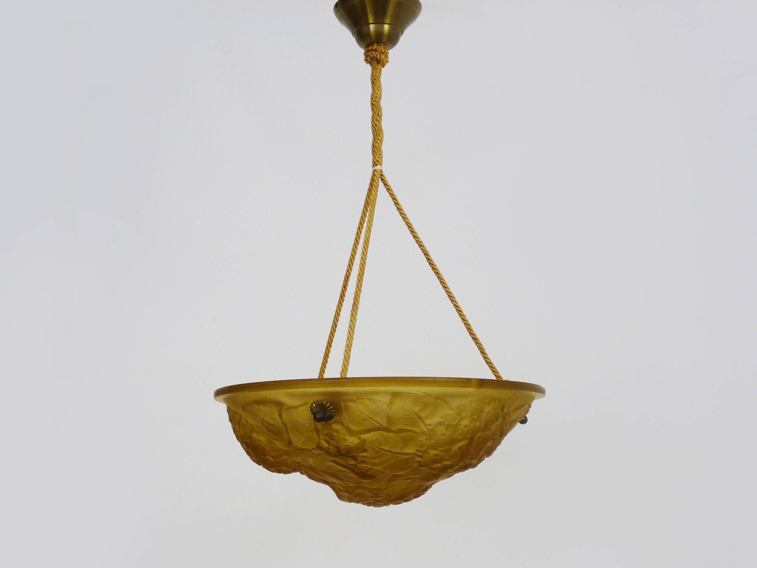 Ancien lustre, suspension vasque Art Déco 1 Feu, en pâte de verre jaune.