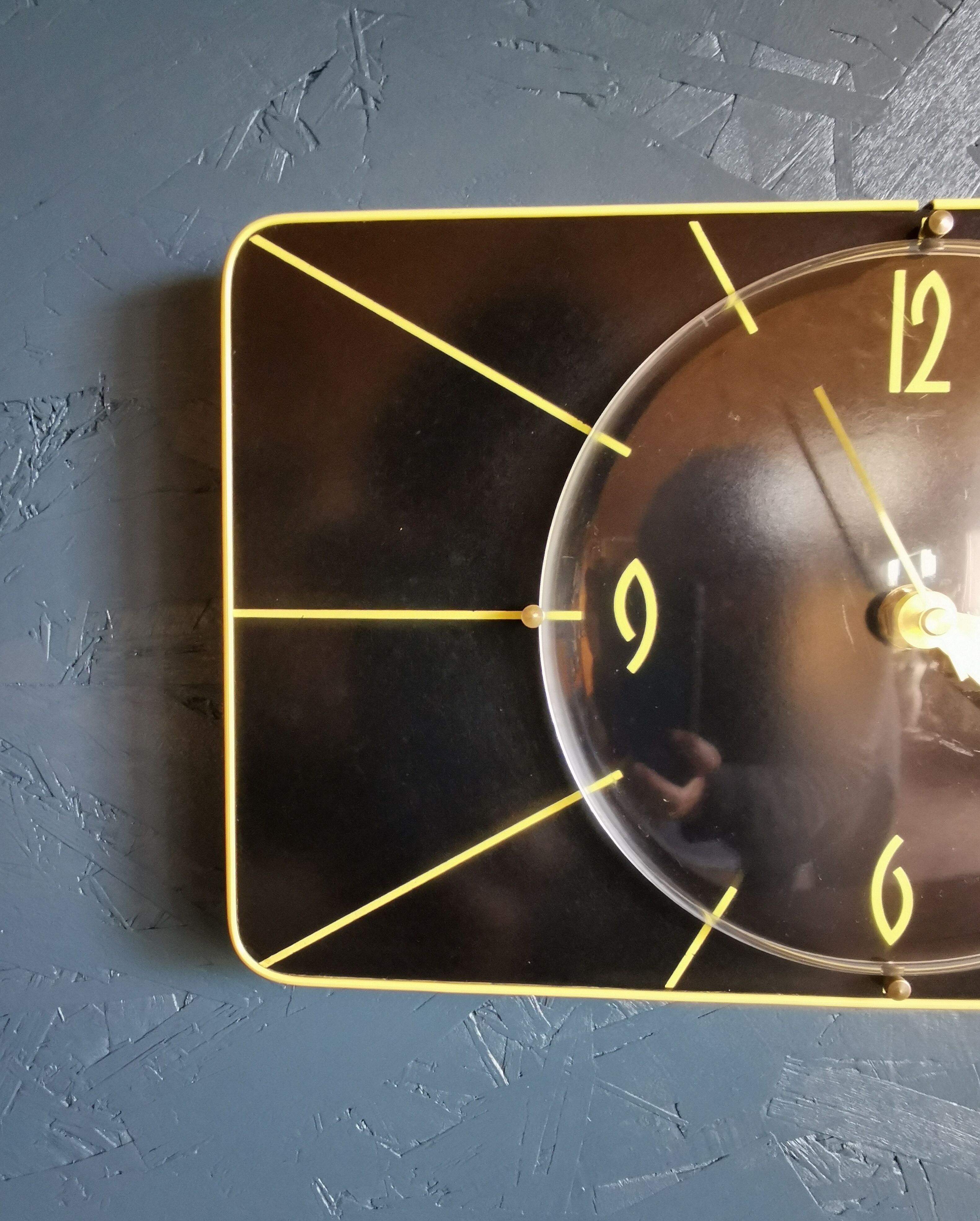 Vintage formica clock silent rectangular wall clock "Japy electric black yellow"