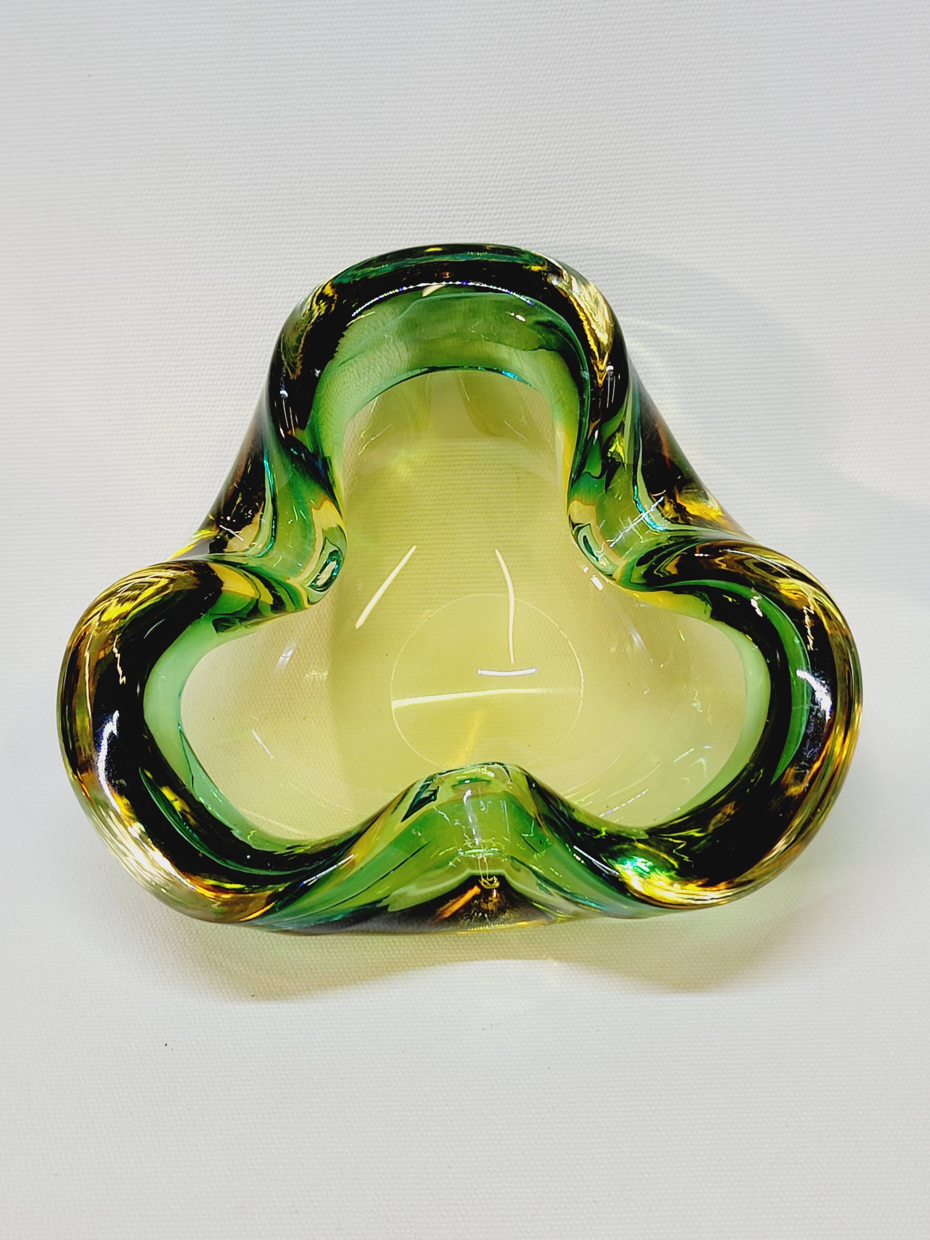 Empty Pocket Cup Ashtray Vintage Murano Glass Sommerso Green and Yellow