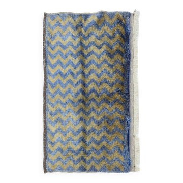 Vintage Handmade Turkish Blue Tulu Accent Rug with Brown Zigzag Design. 100% Wool