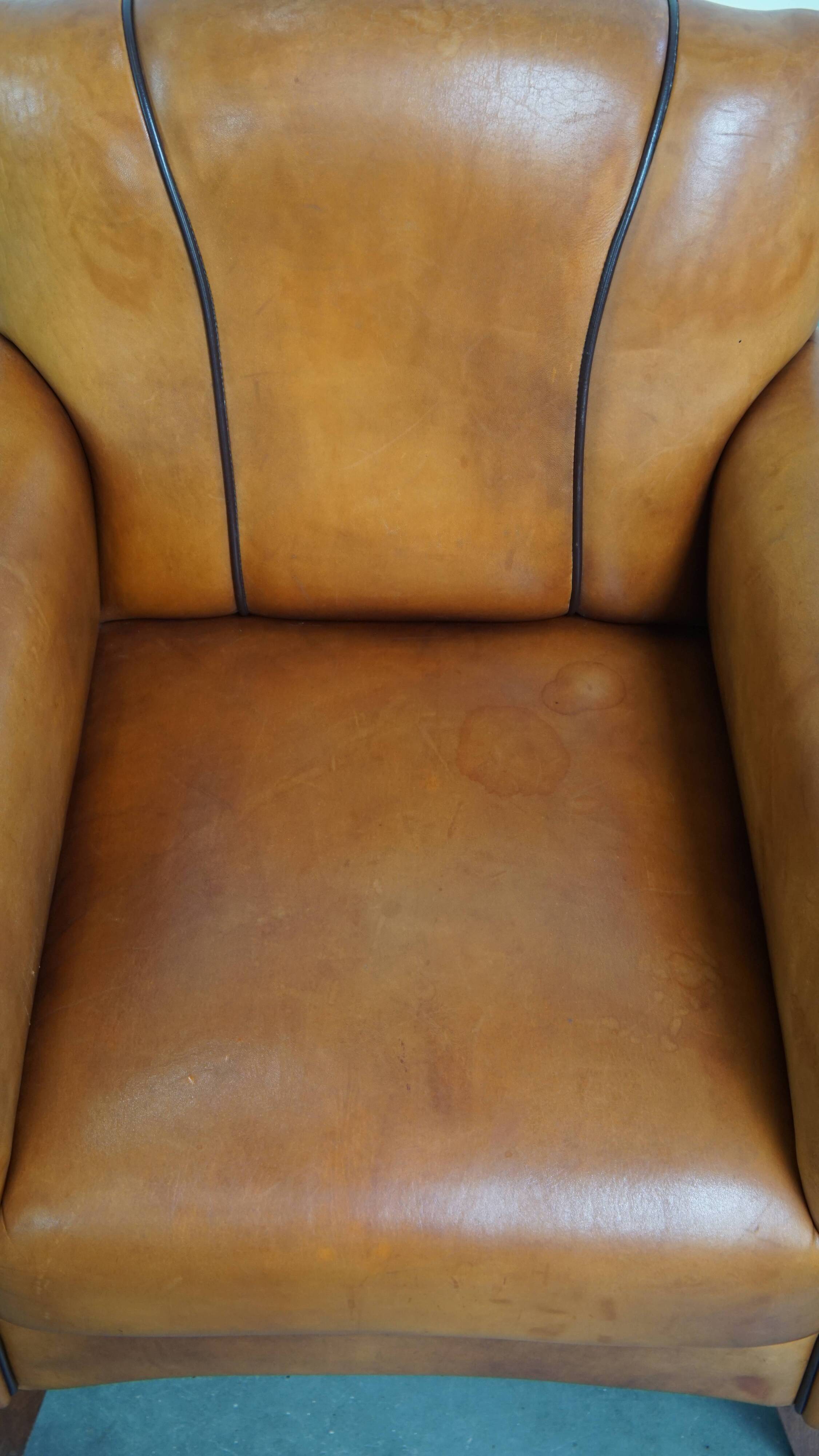 Sheepskin Leather Armchair and Dark Brown Piping