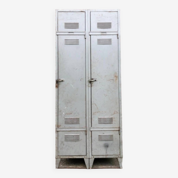 Vintage double metal locker room, cupboard, old dressing room furniture