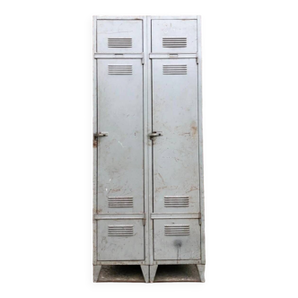 Vintage double metal locker room, cupboard, old dressing room furniture