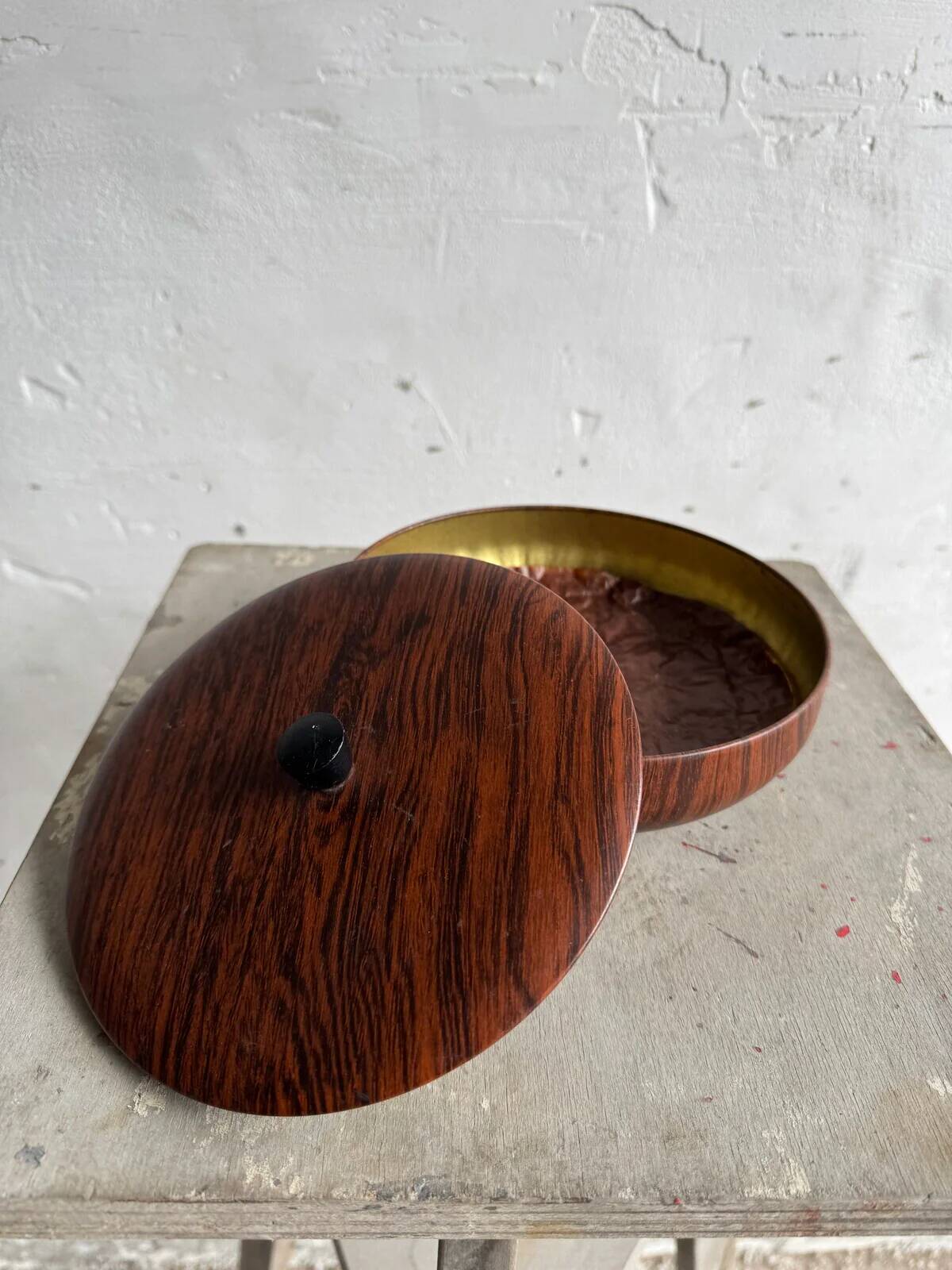 Vintage 1960s Mid-Century Brown Teak-Effect Metal Lidded Box with Gold-Tone Lining