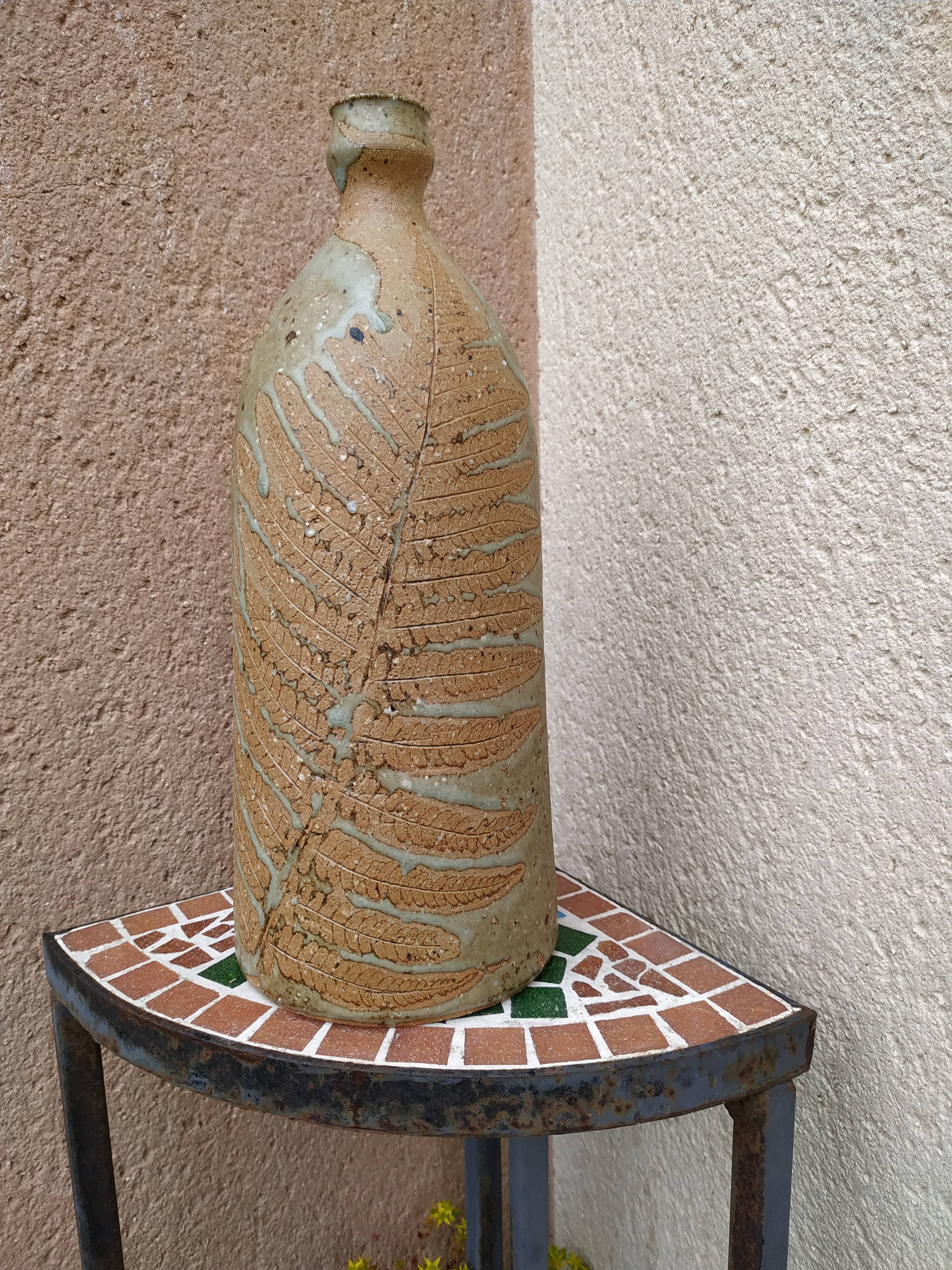 Sandstone bottle with inlaid fern décor by Alain Bernard Breton potter